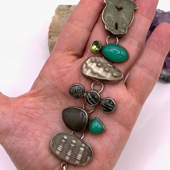 THE DREAMER Vintage Sterling Silver 925 Fossil Stone Boho Unique Bracelet #788 - Picture 6 of 13